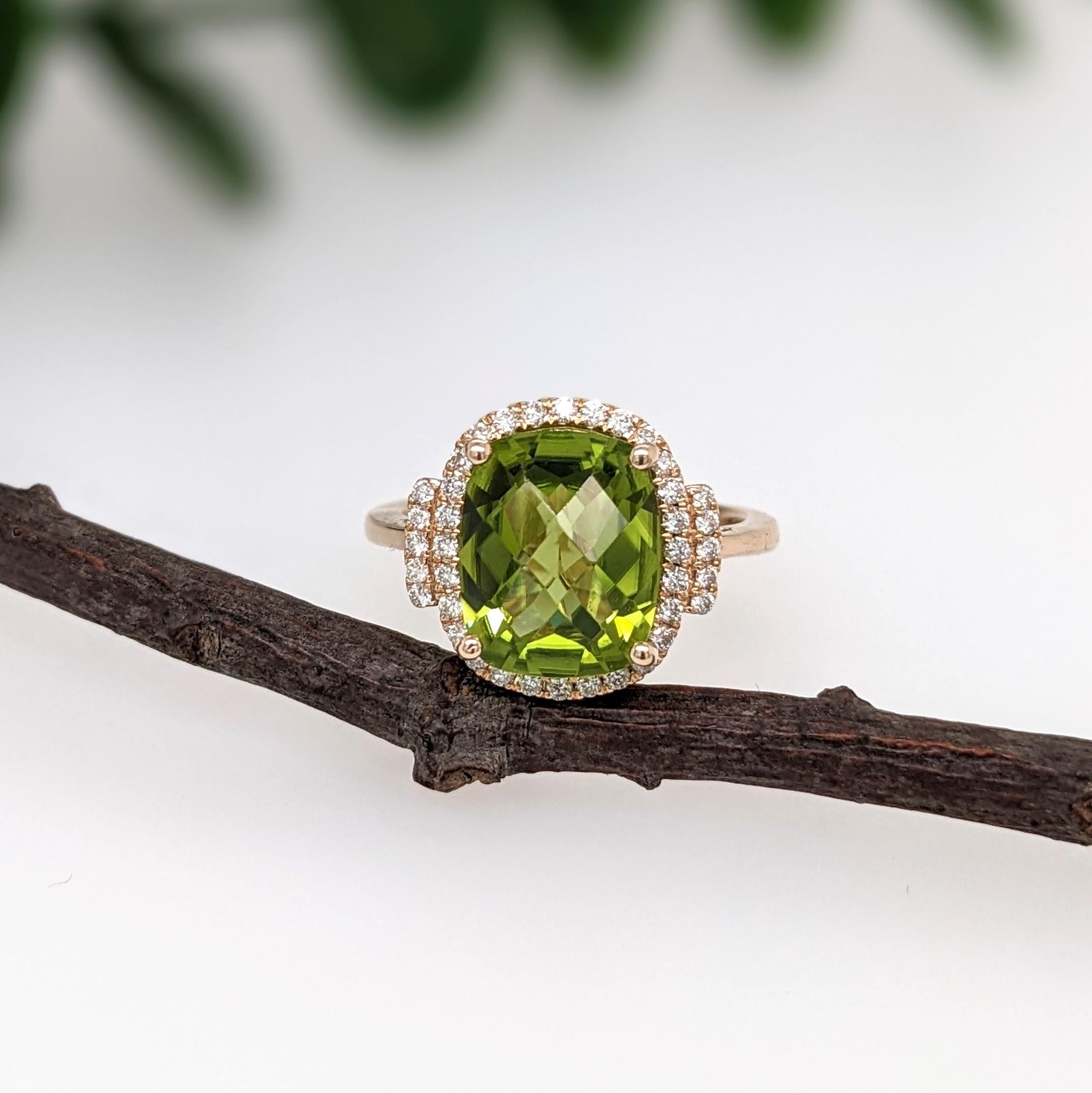 3.9ct Peridot Statement Ring w Natural Diamonds in Solid 14K Gold Cushion 11x9mm For Sale 3