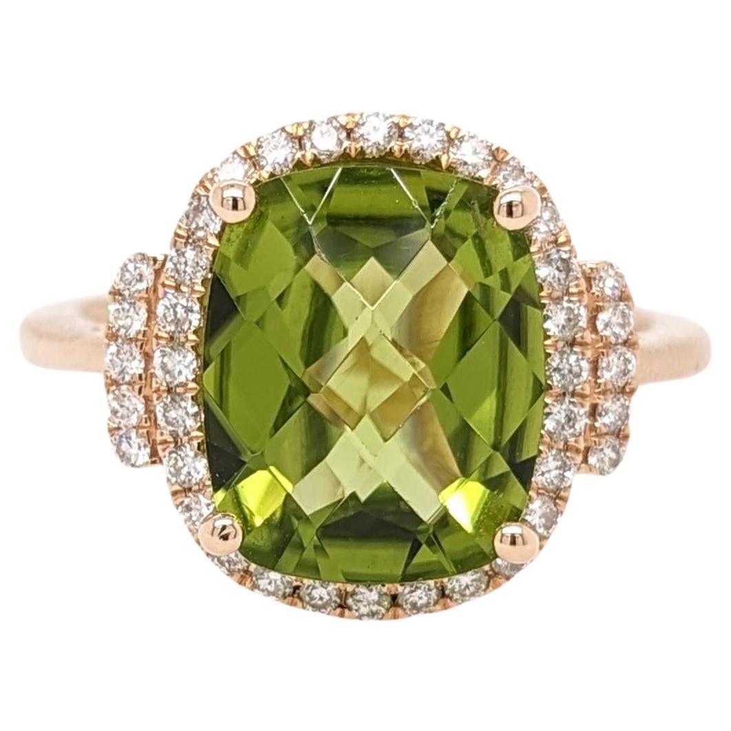 3.9ct Peridot Statement Ring w Natural Diamonds in Solid 14K Gold Cushion 11x9mm For Sale