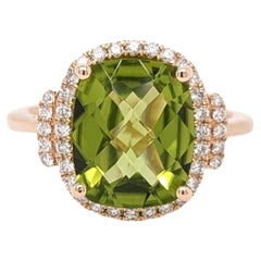 3.9ct Peridot Statement Ring w Natural Diamonds in Solid 14K Gold Cushion 11x9mm