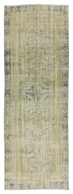 3.9x10.7 Ft Vintage Handmade Turkish Runner Rug Over-Dyed in Green for Hallway
