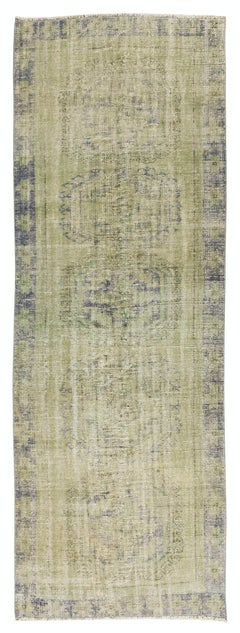 Tapis de couloir turc vintage fait à la main teinté en vert pour couloir 3.9x10.7 Ft