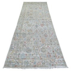 3'9 "x11'2" Grigio Annodato a mano Afgano Angora Oushak Pura Lana Tappeto Runner Largo