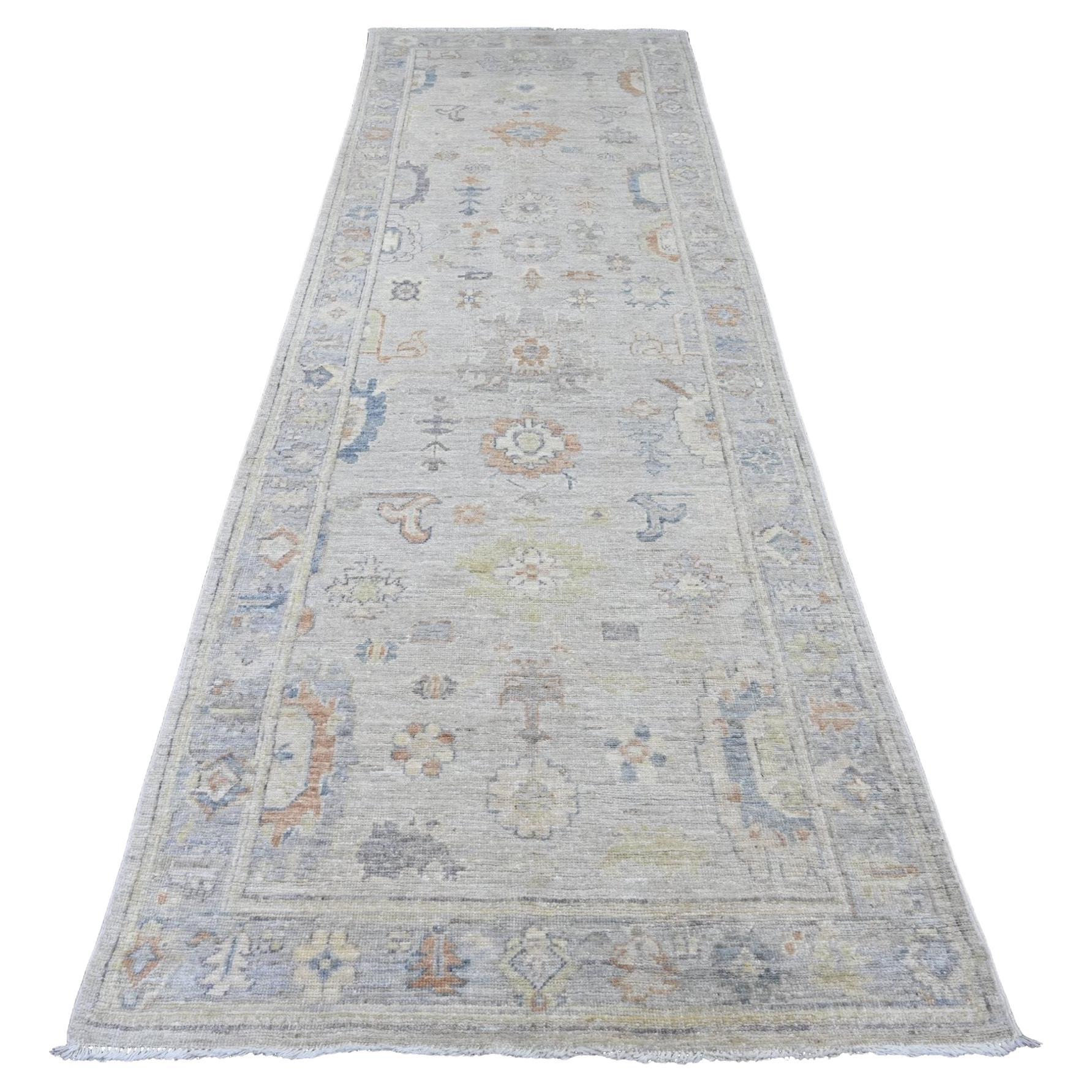 3'9"x12' White Afghan Angora Oushak Leaf Design Hand Knotted Wool Runner Rug