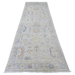 Tappeto Runner in lana annodato a mano 3'9 "x12' Bianco Afghan Angora Oushak Leaf Design