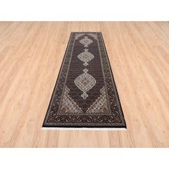 3'9"x12' Wool Black Tabriz Mahi with Fish Medallions Design Runner Rug