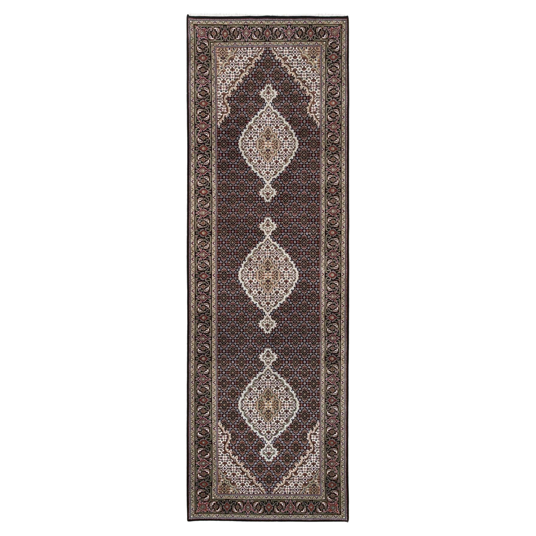3'9"x12' Wool Black Tabriz Mahi with Fish Medallions Design Runner Rug