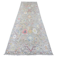 3'9 "x12'1" Alfombra Oriental Gris Anudada a Mano de Lana Angora Afgana Oushak Runner
