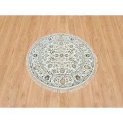 3'9"x3'9" Powder White, Nain Design, 250 KPSI, 100% Wool, Hand Knotted Round Rug