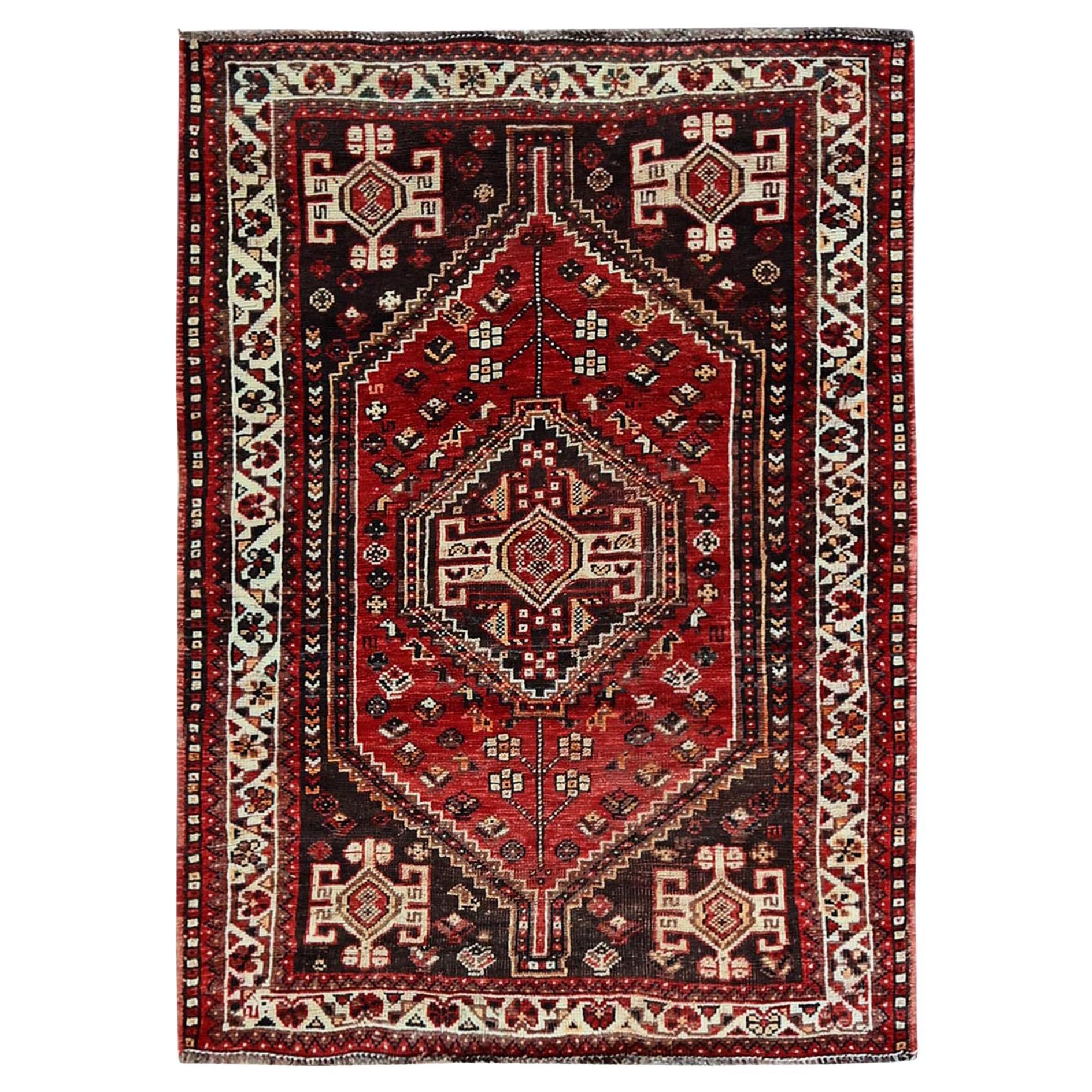 3'9"x5'1" Crimson Red Vintage Persian Shiraz Hand Knotted Pure Wool Oriental Rug