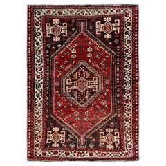 3'9"x5'1" Crimson Red Vintage Persian Shiraz Hand Knotted Pure Wool Oriental Rug