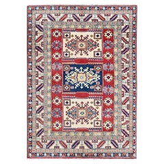 3'9 "x5'3" Kazak rosso con disegno geometrico di medaglioni annodato a mano in lana morbida