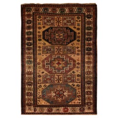 3'9"x5'4" Gelber antiker kaukasischer Kazak-Wollteppich, handgeknüpft, voller Flor, sauber