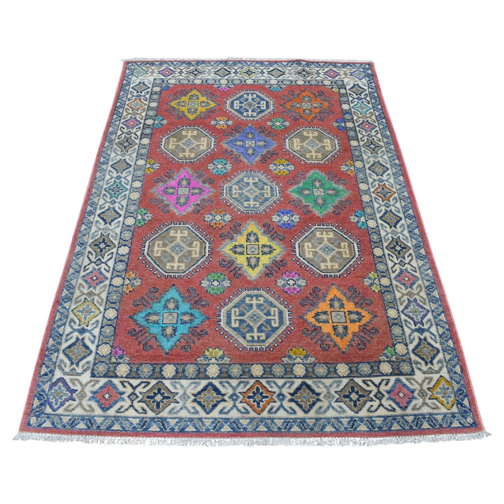 3'9"x5'7" Colorful Blue Fusion Kazak Pure Wool Geometric Design Hand Knotted Rug