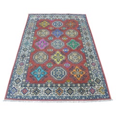 3'9"x5'7" Colorful Blue Fusion Kazak Pure Wool Geometric Design Hand Knotted Rug