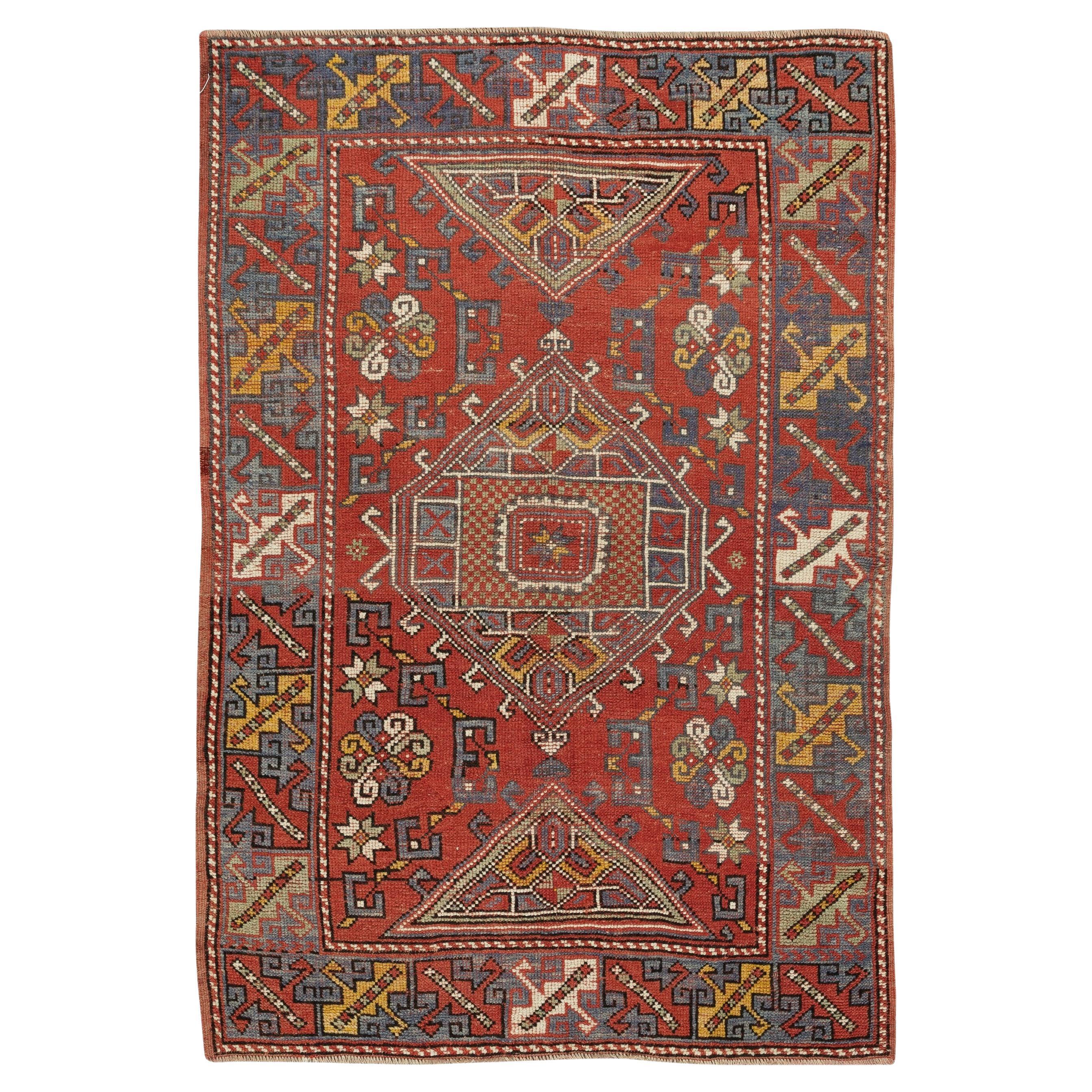 Handmade Red Turkish Area Rug, Vintage Geometric Design Wool Carpet For Sale