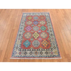 3'9"x5'7" Peach Fusion Kazak with Geometric Elements Pure Wool Hand Knotted Rug