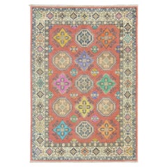 3'9"x5'7" Peach Fusion Kazak with Geometric Elements Pure Wool Hand Knotted Rug