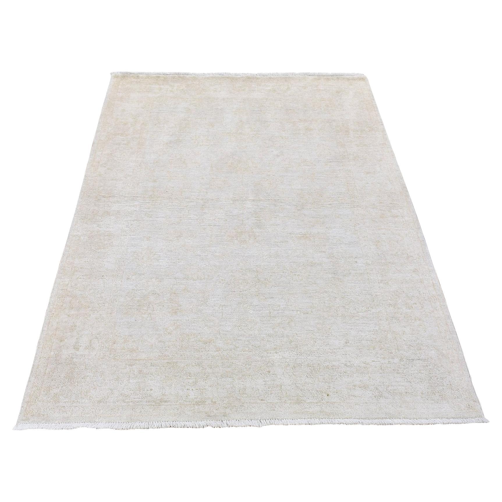 3
9"x5
8" Ivory, Extra Soft Wool Hand Knotted, White Wash Peshawar, Oriental Rug