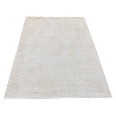 3
9"x5
8" Ivory, Extra Soft Wool Hand Knotted, White Wash Peshawar, Oriental Rug