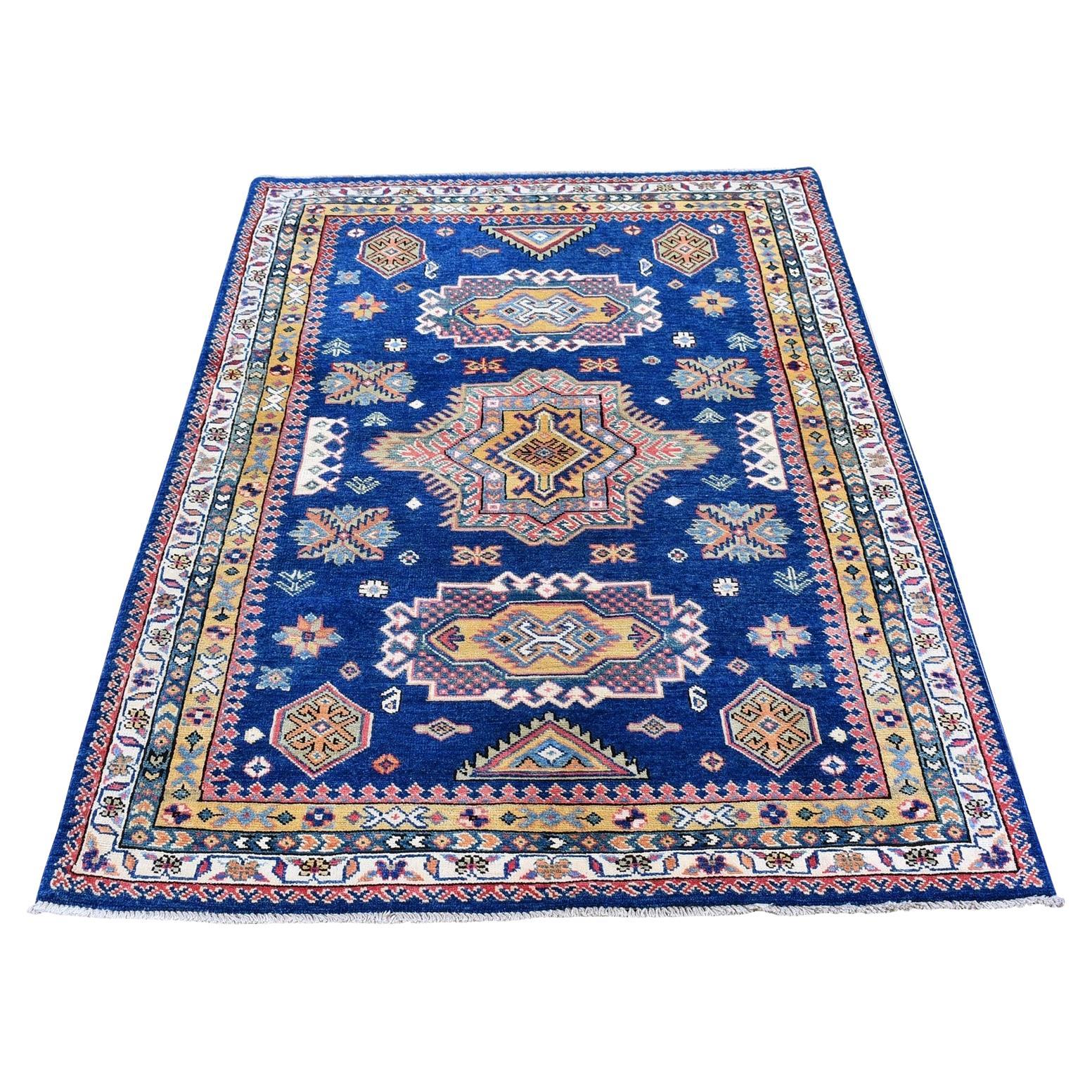 3'9"x5'9" Geometric Design 100% Wool Super Kazak Blue Hand Knotted Oriental Rug