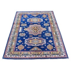 3'9 "x5'9" Diseño Geométrico 100% Lana Super Kazak Azul Alfombra Oriental Anudada a Mano