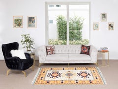 4x6 Ft Vintage Hand-Knotted Turkish Rug – Ivory, Golden Yellow and Navy Blue Rug