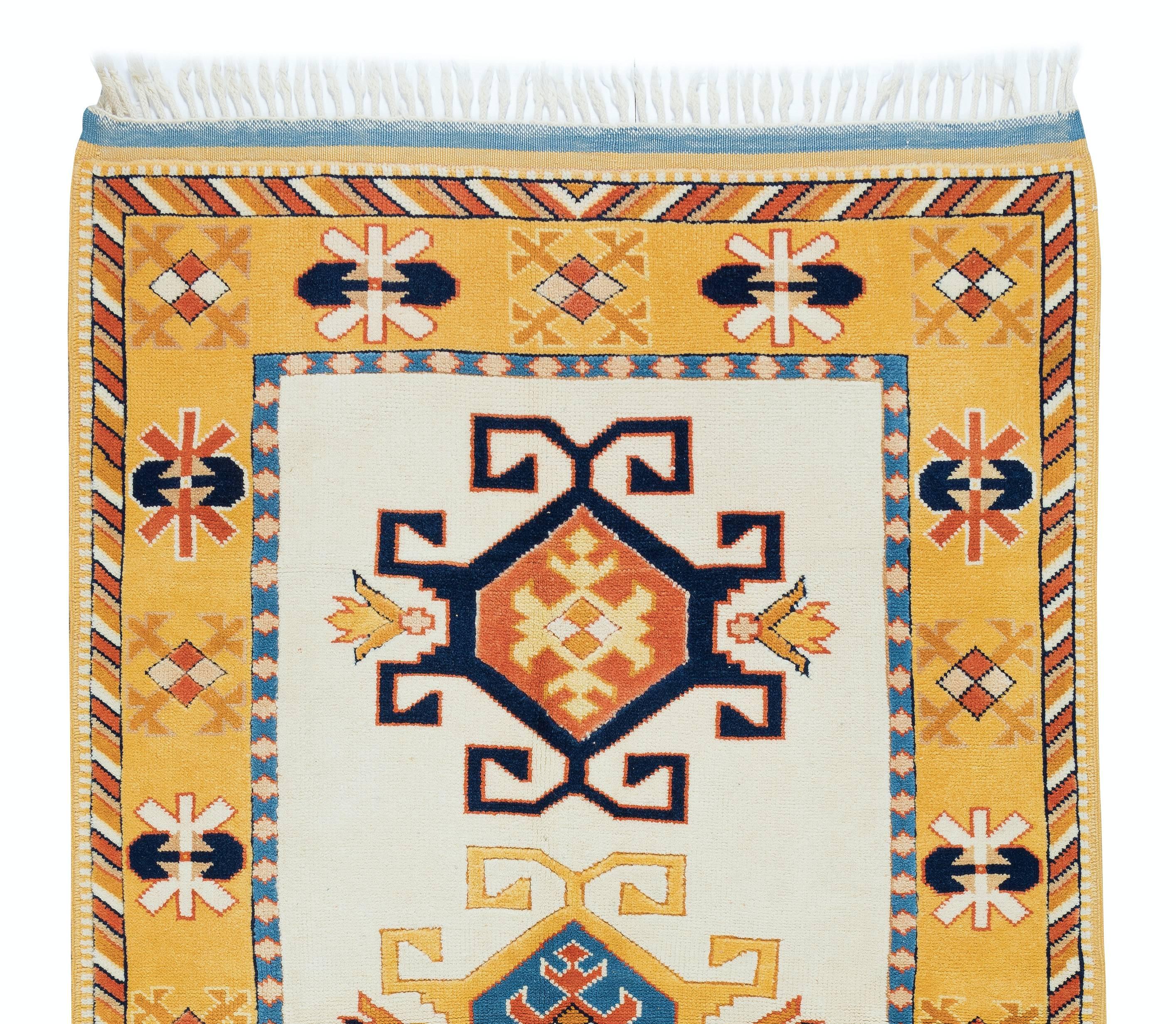 Hand-Knotted 4x6 Ft Vintage Handmade Turkish Wool Rug with Geometric Design, Ca 1970 For Sale