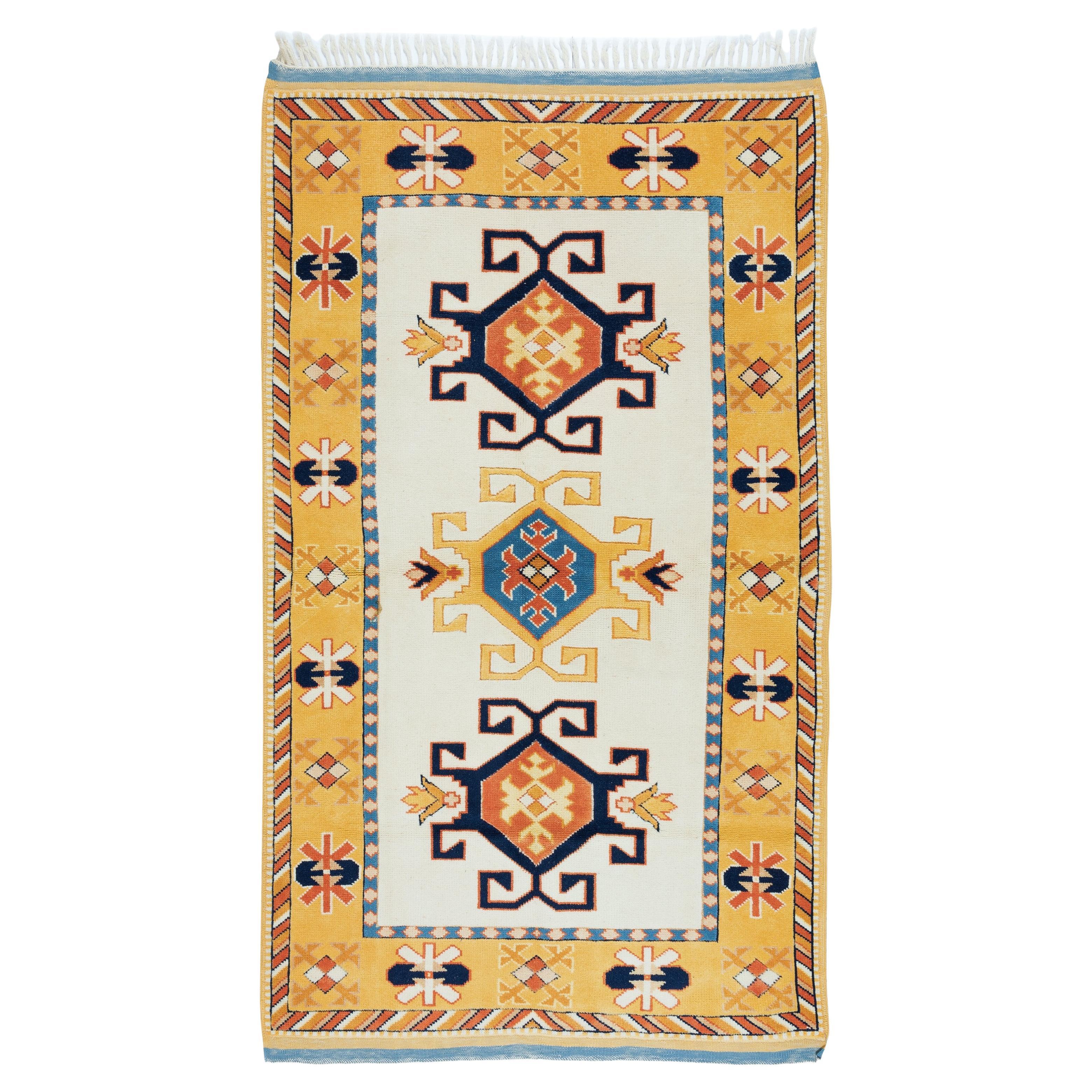 4x6 Ft Vintage Handmade Turkish Wool Rug with Geometric Design, Ca 1970 For Sale