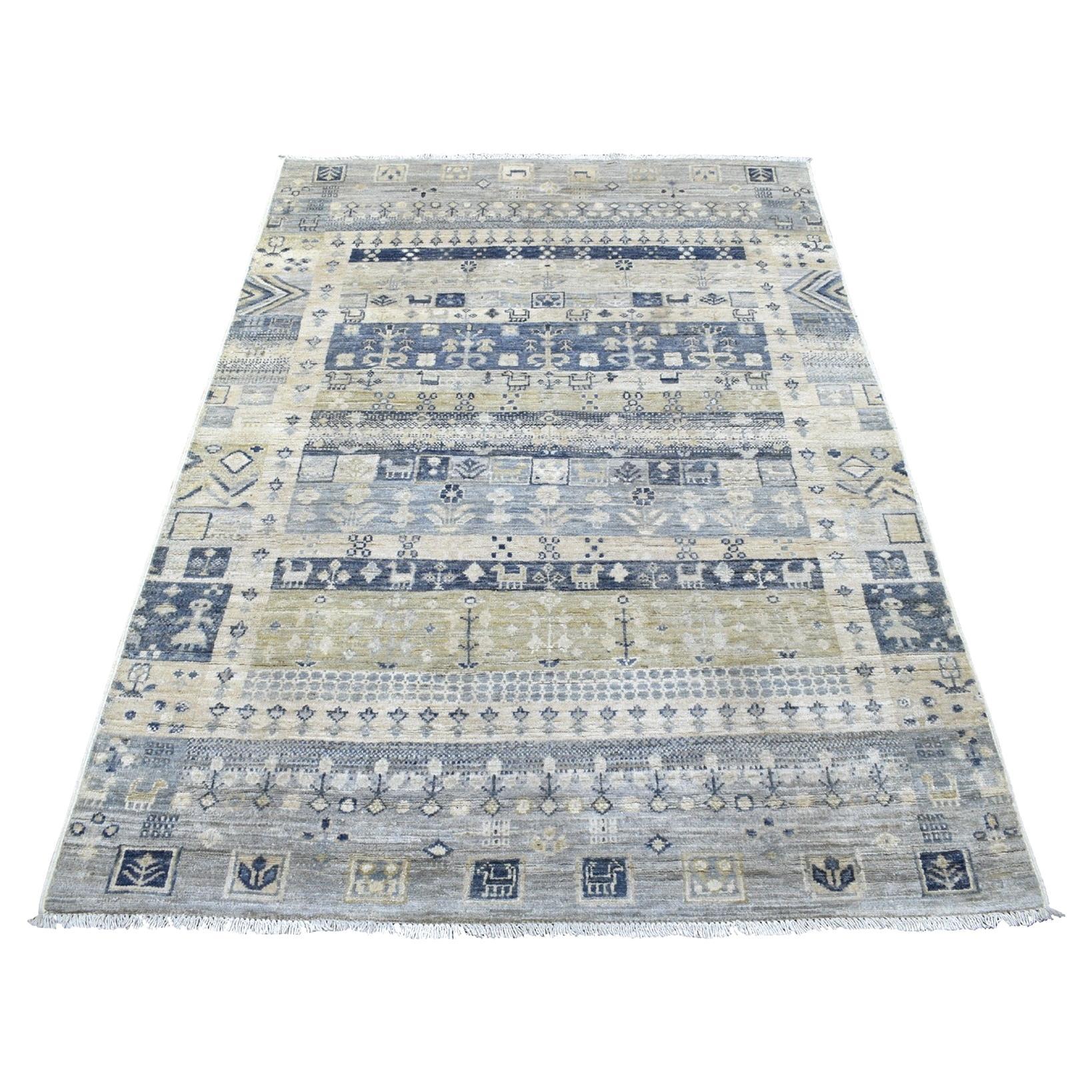 3'9"x6' Hand-Knotted Ivory Kashkuli Gabbeh Nomadic Pure Wool Oriental Rug For Sale