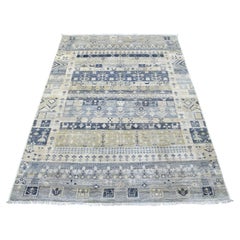 3'9"x6' Hand-Knotted Ivory Kashkuli Gabbeh Nomadic Pure Wool Oriental Rug