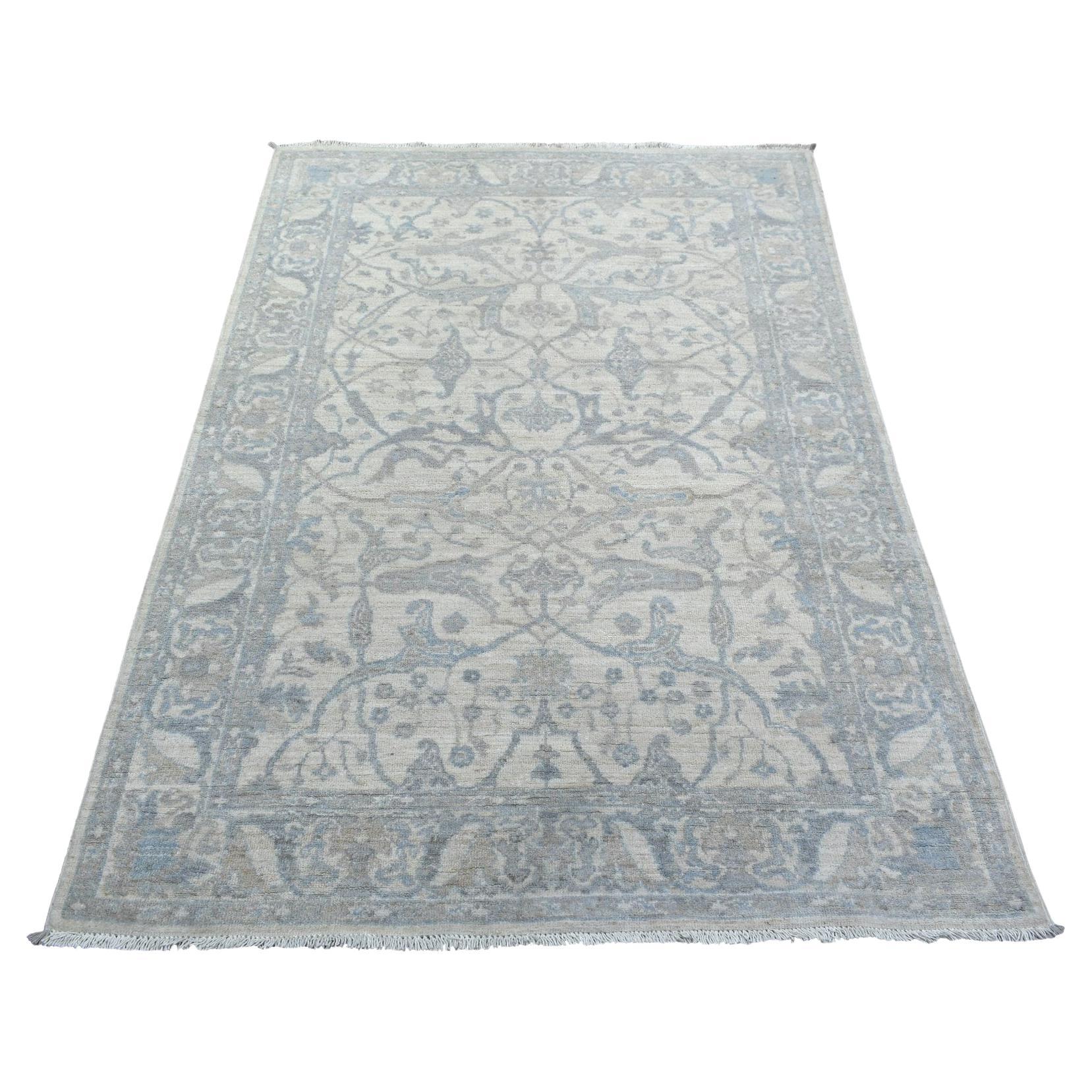 3'9"x6' Ivory Pure Wool Natural Dyes Hand Knotted Stone Wash Peshawar Rug