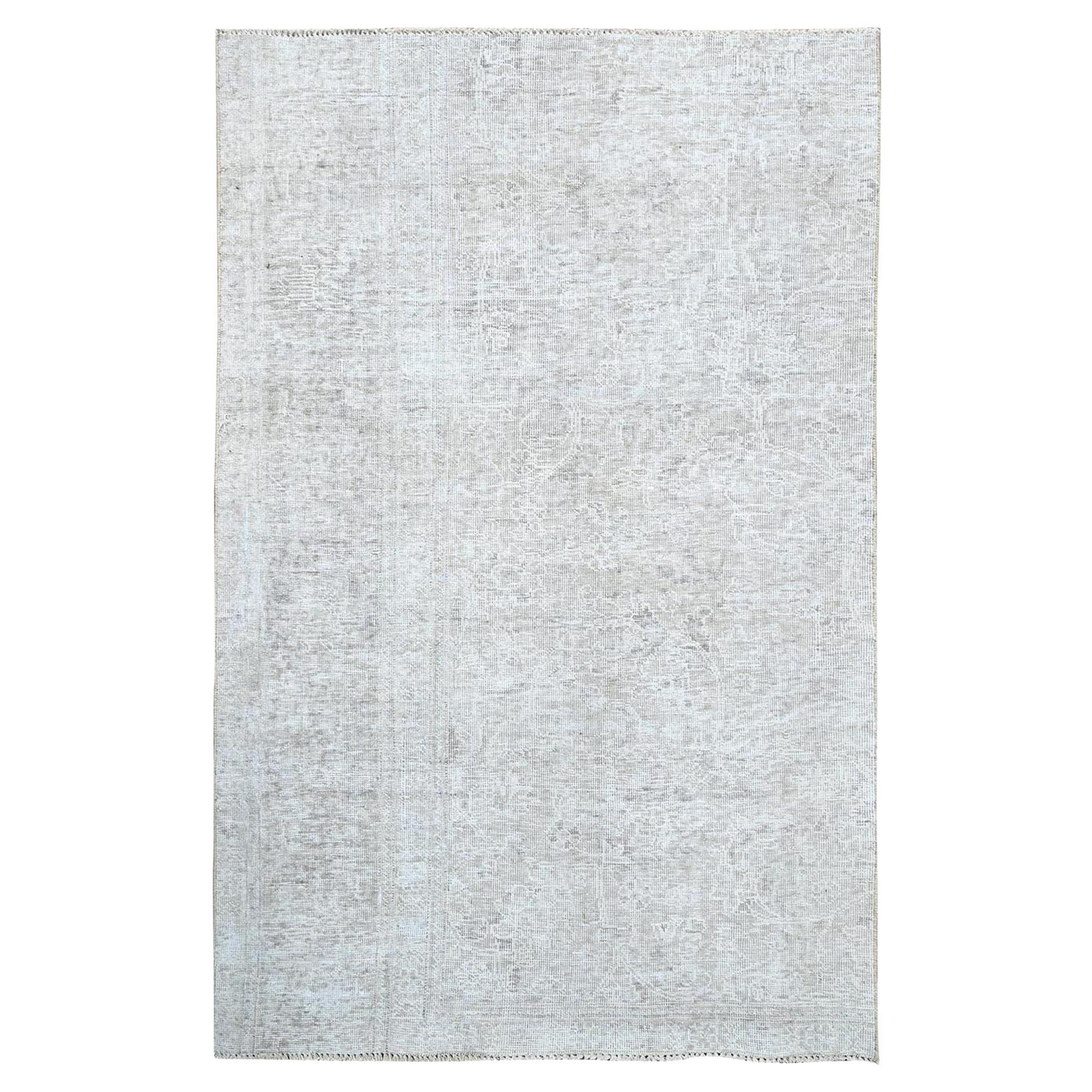 3'9"x6'1" Ivory Pure Wool Hand Knotted Faded Out Worn Down Persian Vintage Rug