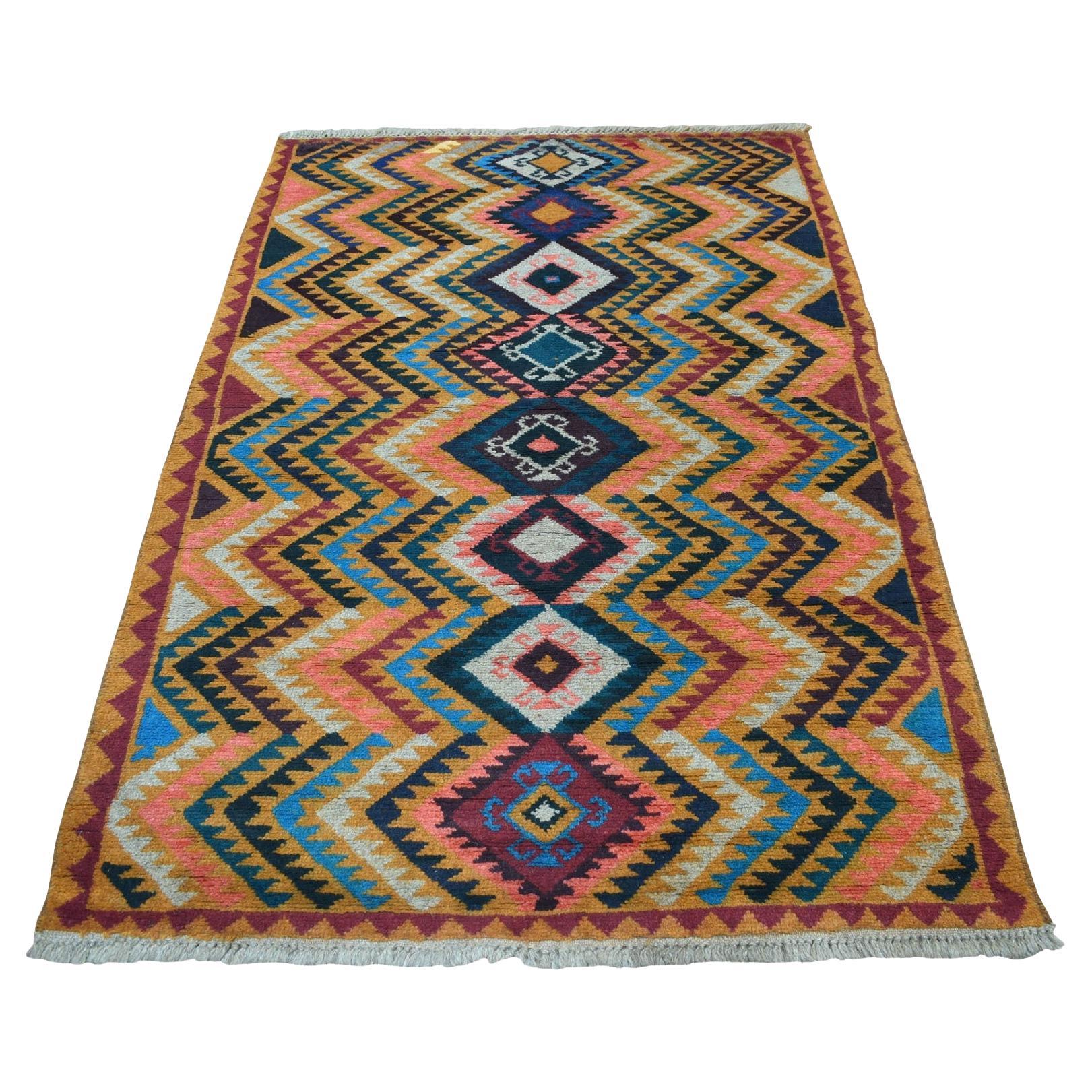 3'9"x6'3" Orange Colorful Afghan Baluch Geometric Design Hand Knotted Wool Rug For Sale
