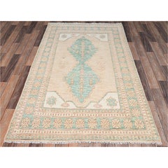 3'9"x6'3" Sand Brown Anatolian Village Design Turkish Knot Hand Knotted Wool Rug