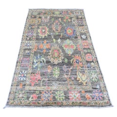 3'9"x6'4" Umber Brown Hand Knotted Afghan Angora Oushak Leaf Design All Wool Rug