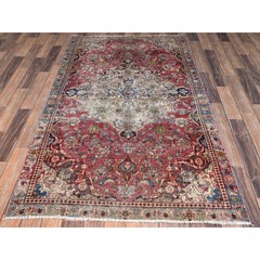 3'9"x6'7" Blush Red Vintage Zoroastrian Tabriz Worn Down Hand Knotted Wool Rug