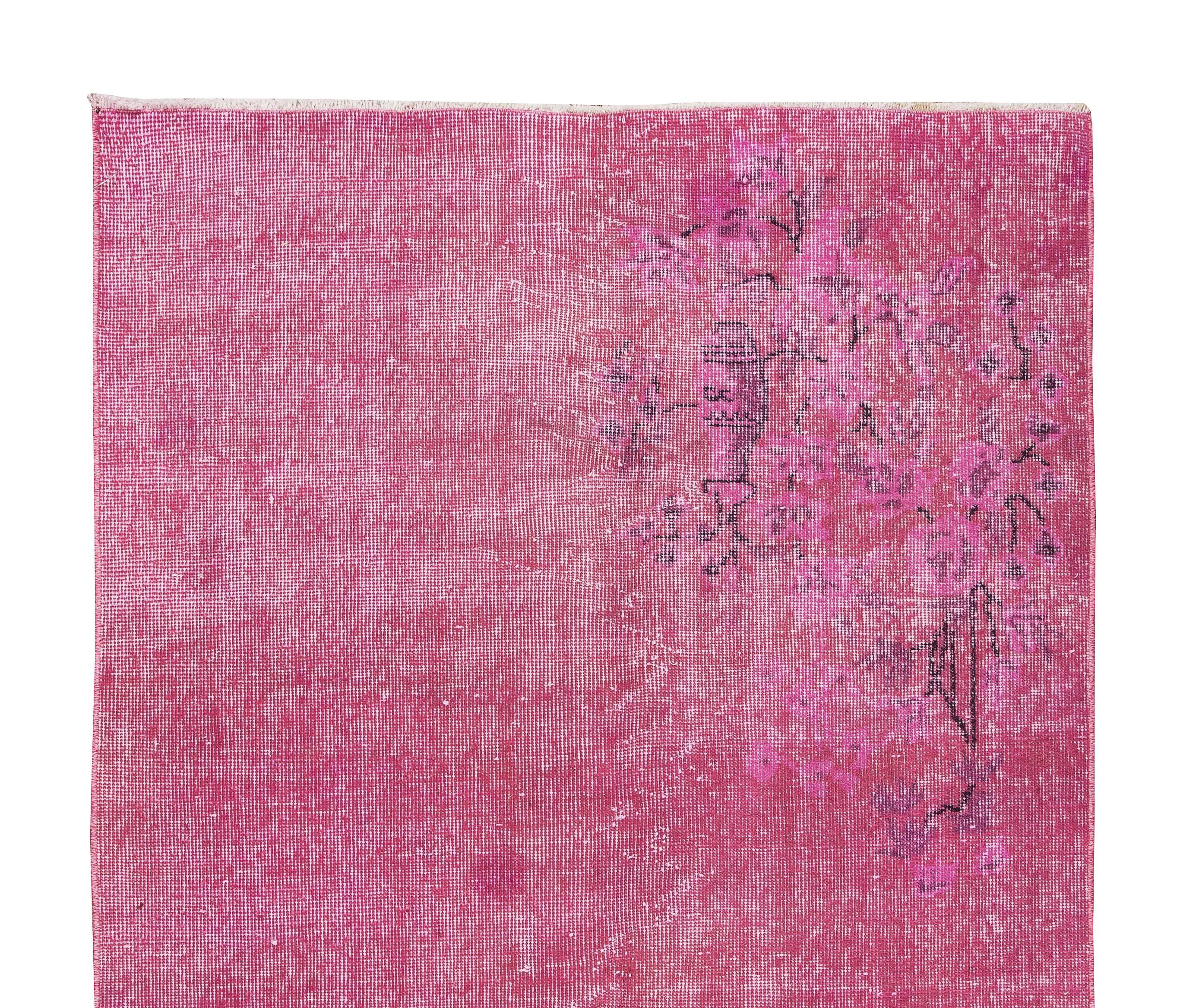 Hand-Knotted 3.9x6.7 Ft Art Deco Chinese Rug Re-Dyed in Pink, Mid-Century Hand Knotted Carpet For Sale