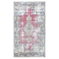 3'9"x7' Red, Vintage Farsian Kerman Distressed Look Worn Wool Hand Knotted Rug