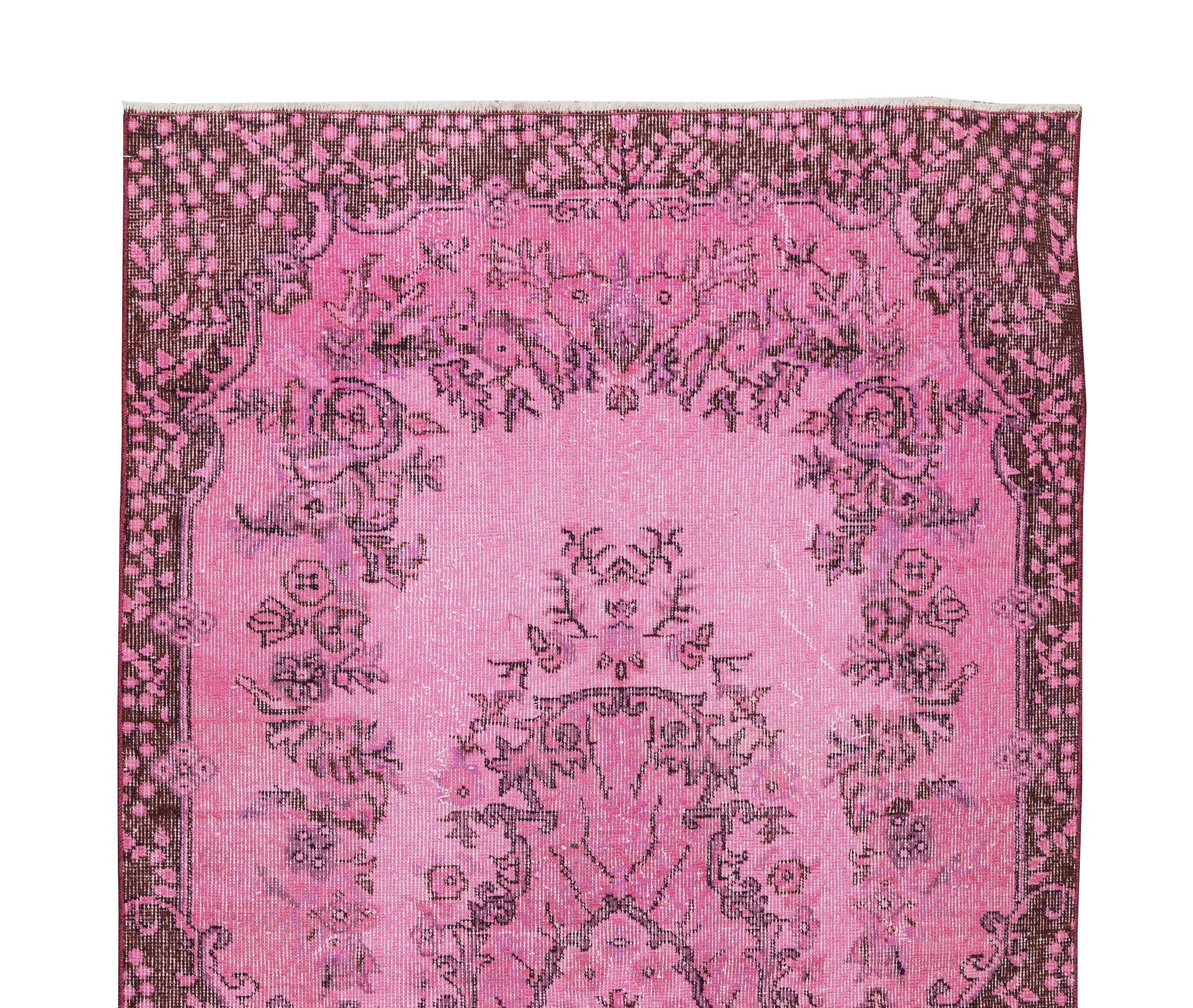 Hand-Knotted 3.9x7.2 Ft Floral Medallion Design Vintage Handmade Turkish Rug Overdyed in Pink For Sale