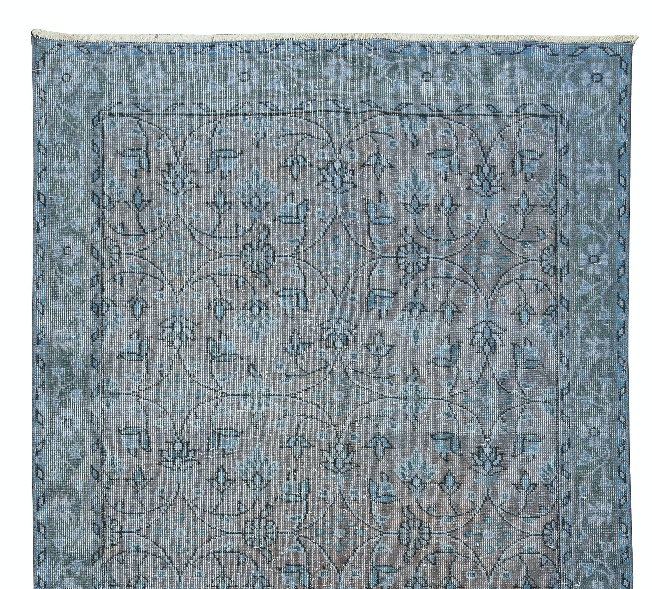 3.9x7.2 Ft Handmade Vintage Turkish Rug Re-Dyed in Blue, Ideal 4 Modern Interior In Good Condition For Sale In Philadelphia, PA