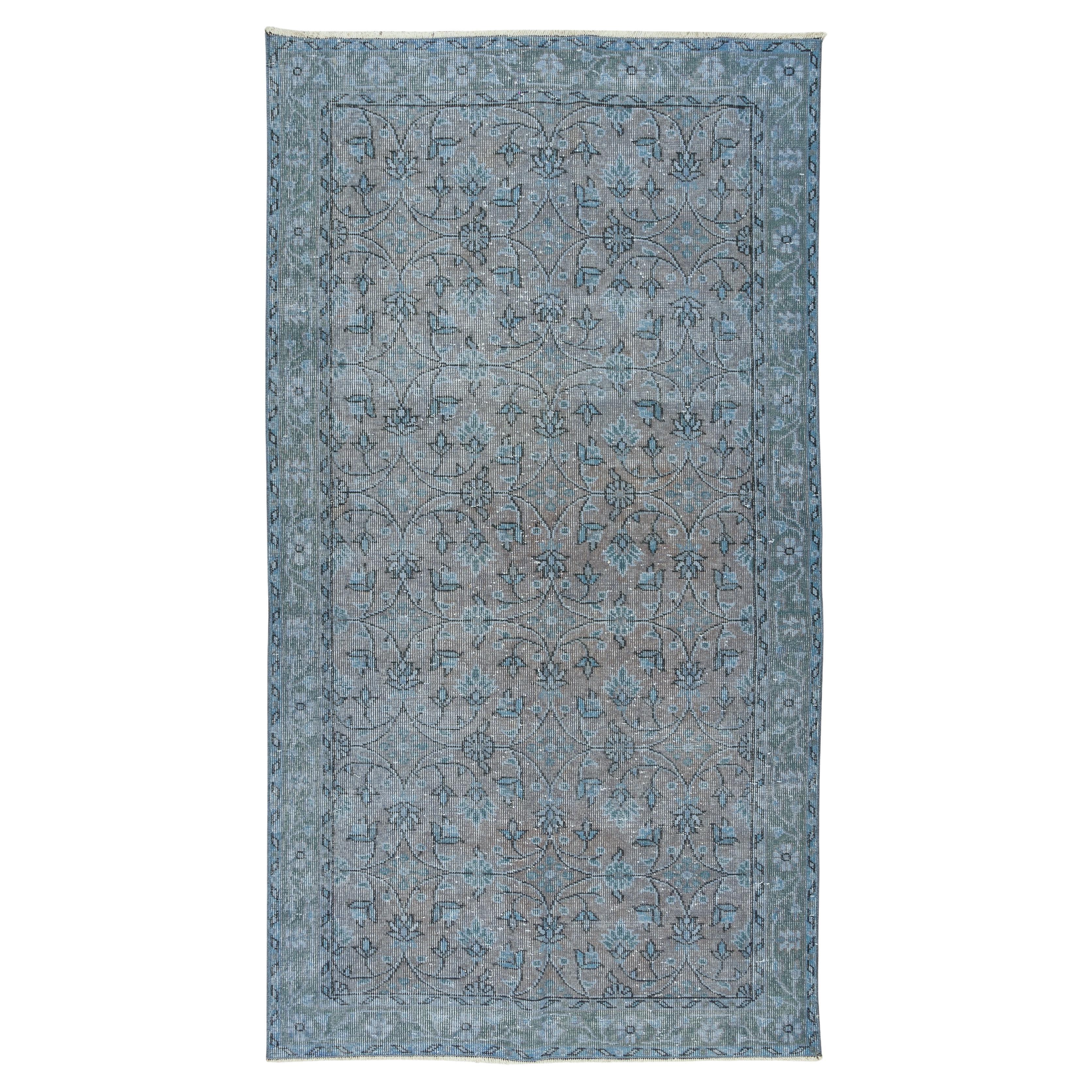 3.9x7.2 Ft Handmade Vintage Turkish Rug Re-Dyed in Blue, Ideal 4 Modern Interior