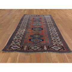 3'9"x8'4" Auburn Red Antique Caucasian Mogan Kazak Hand Knotted Wool Runner Rug