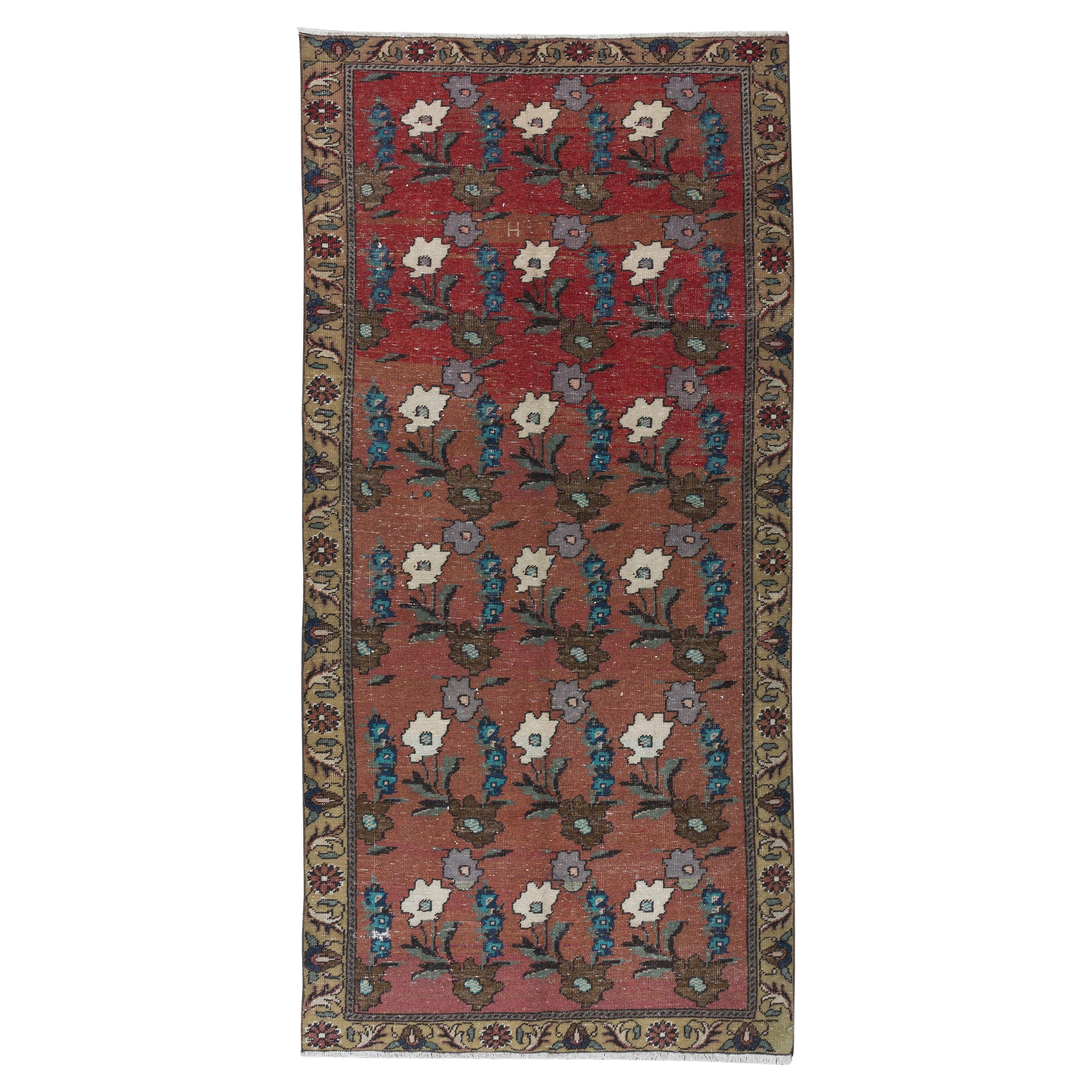 3.9x8.4 Ft Vintage Handmade Floral Pattern Turkish Rug in Red, Blue & Beige For Sale