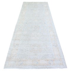 3'9 "x9'7" Gris Pastel Anudada a Mano Lavado Blanco Peshawar Alfombra Ancha de Lana