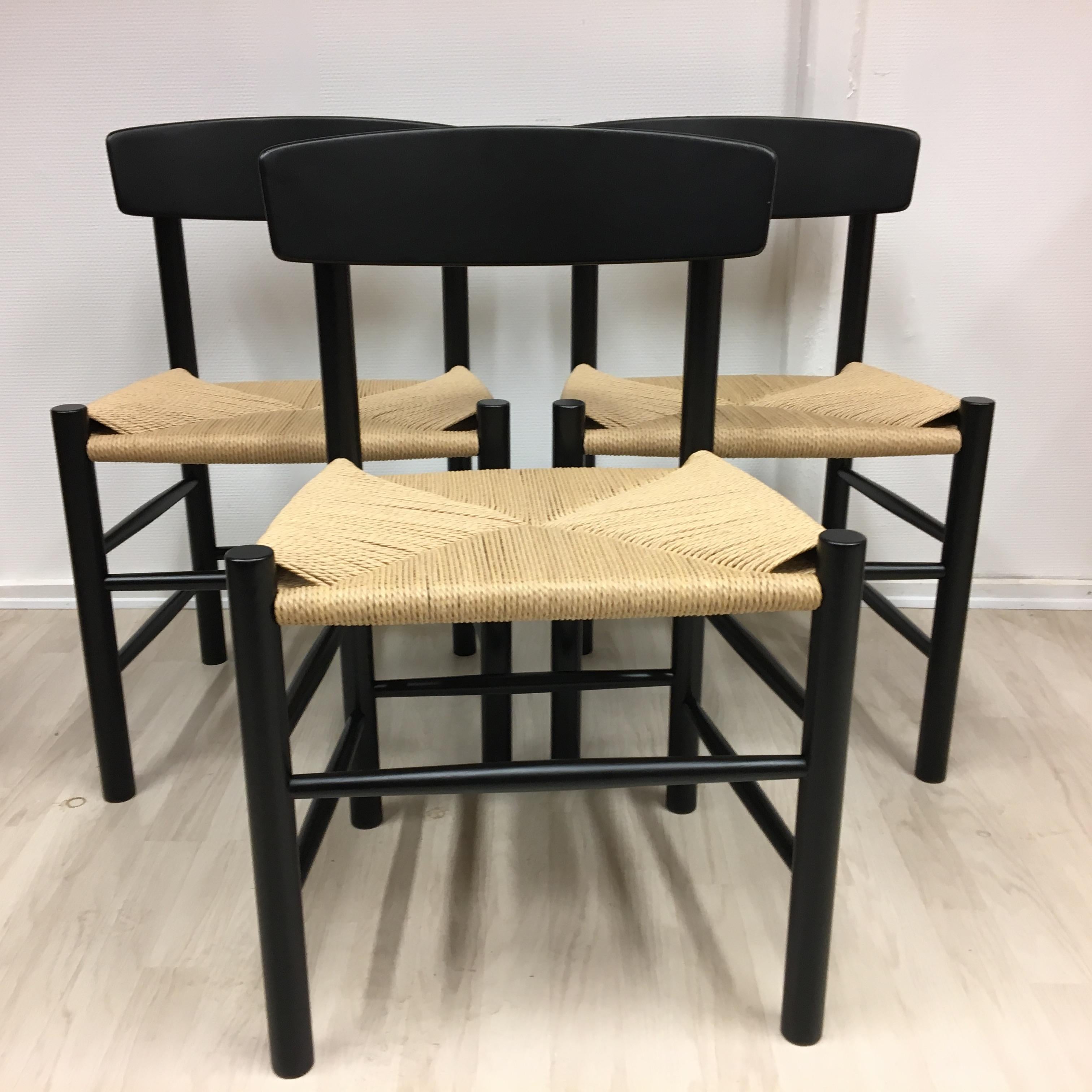 Mid-Century Modern 3Børge Mogensen 'Folkestole' Dining Chairs J39 Black Lacquer with New Paper Cord