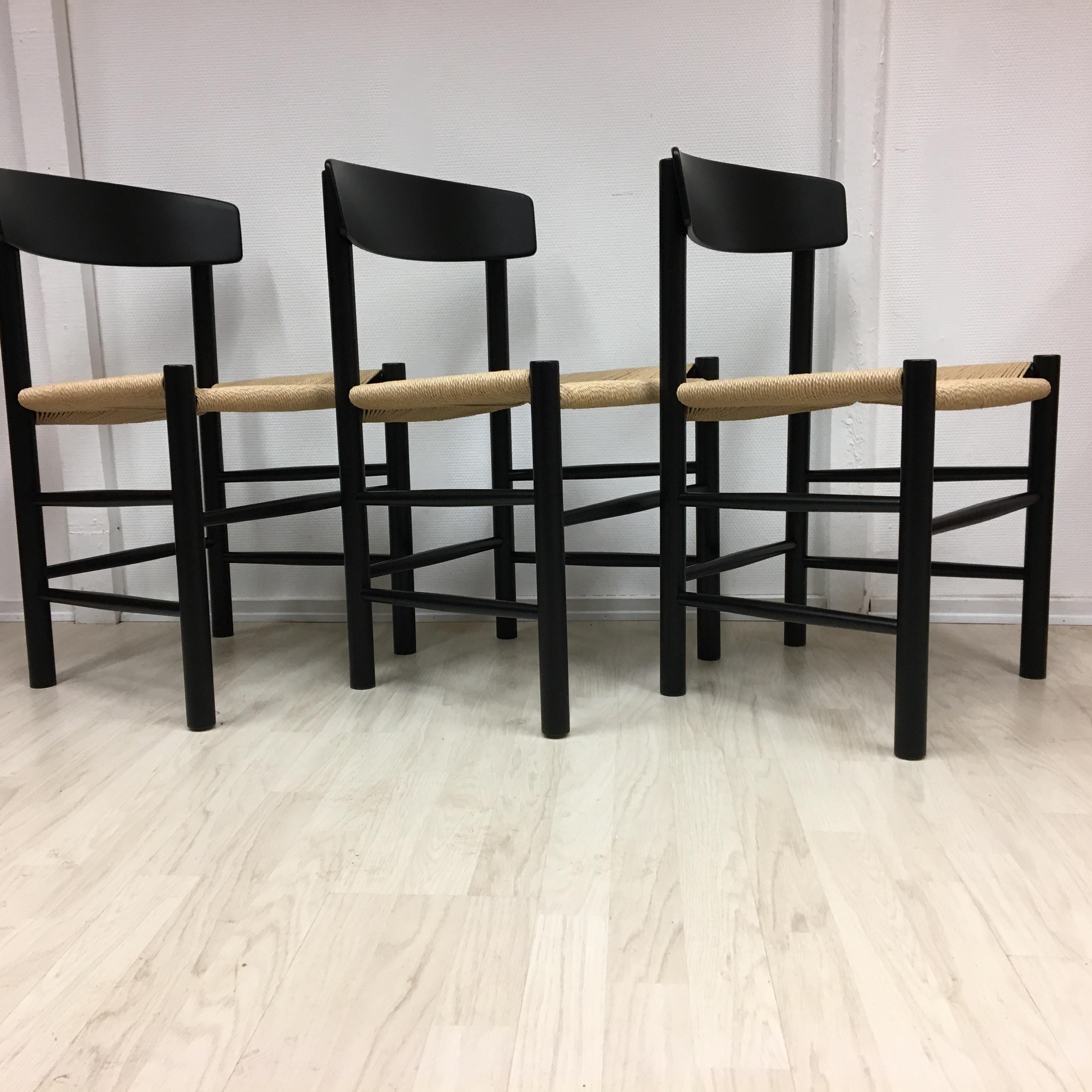 20th Century 3Børge Mogensen 'Folkestole' Dining Chairs J39 Black Lacquer with New Paper Cord