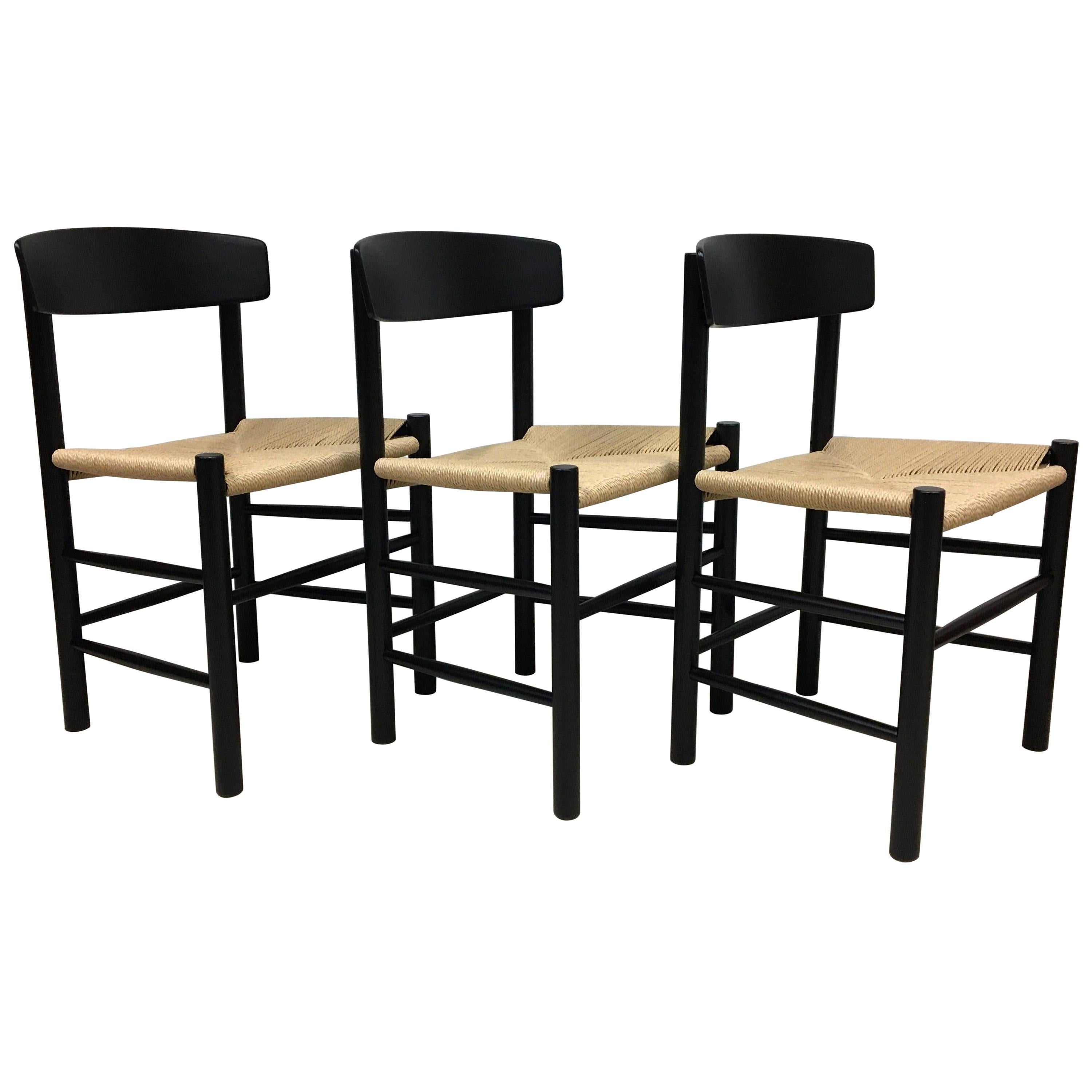 3Børge Mogensen 'Folkestole' Dining Chairs J39 Black Lacquer with New Paper Cord