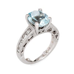 3ct Aquamarine Diamond Gemstone Engagement Ring Vintage 18k White Gold Jewelry