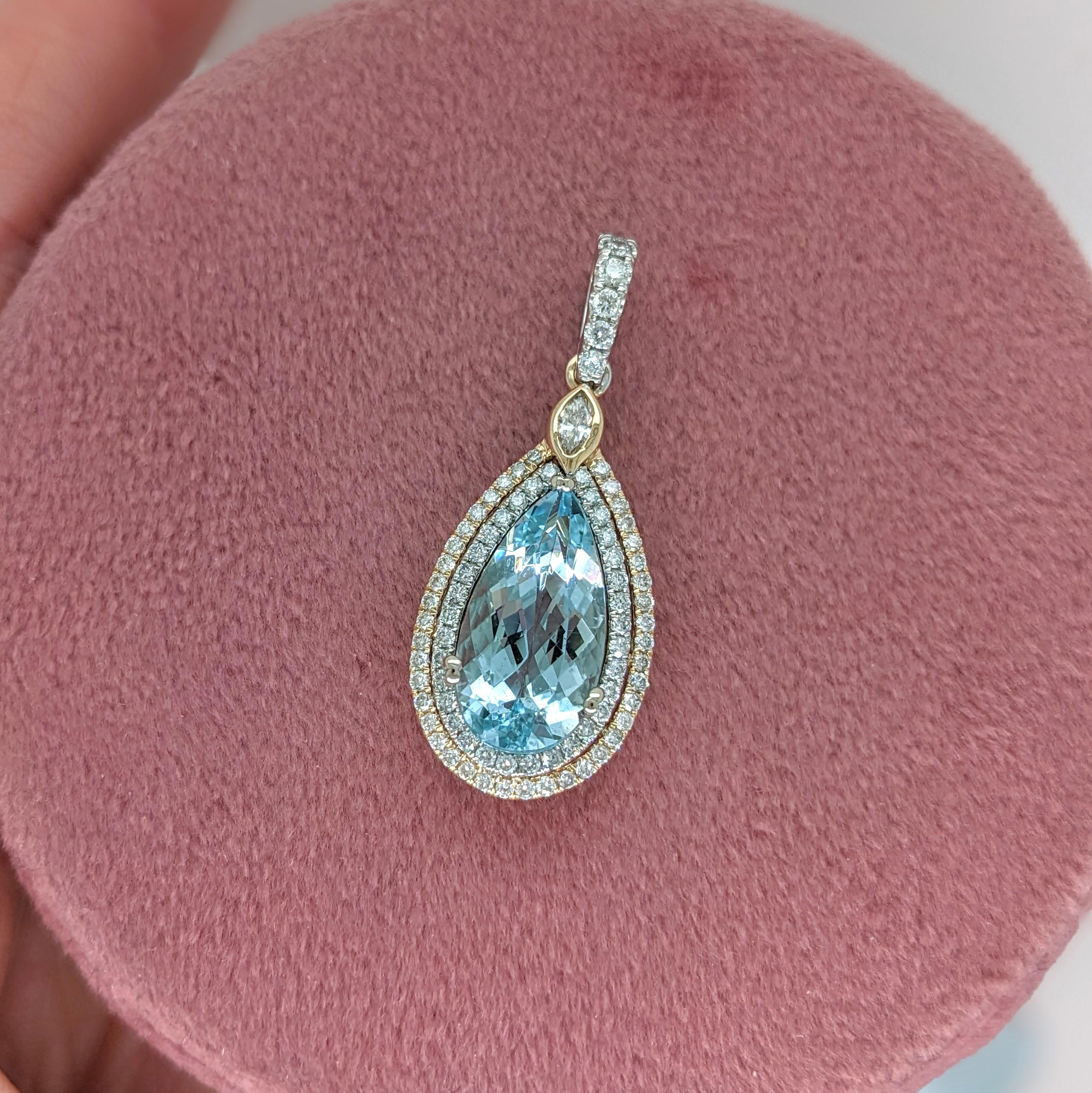 This unique pendant features a 3.13 carat pear shape aquamarine gemstone with natural earth mined diamonds, all set in solid 14K dual tone gold - yellow + white gold.  This pendant can be a beautiful March birthstone gift for your loved ones!