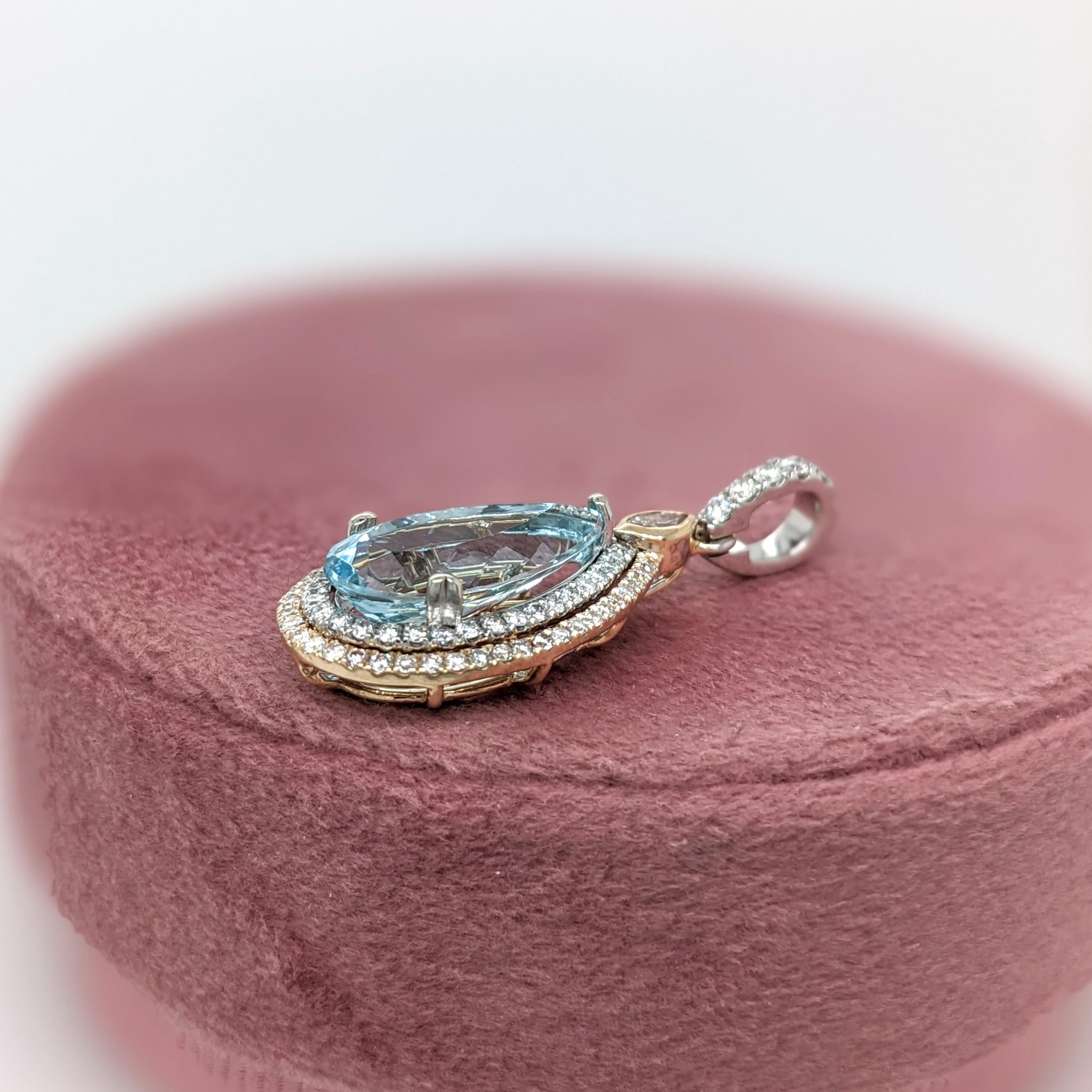 Modern 3ct Santa Maria Aquamarine Pendant w Earth Mined Diamonds in Solid 14K Dual Gold